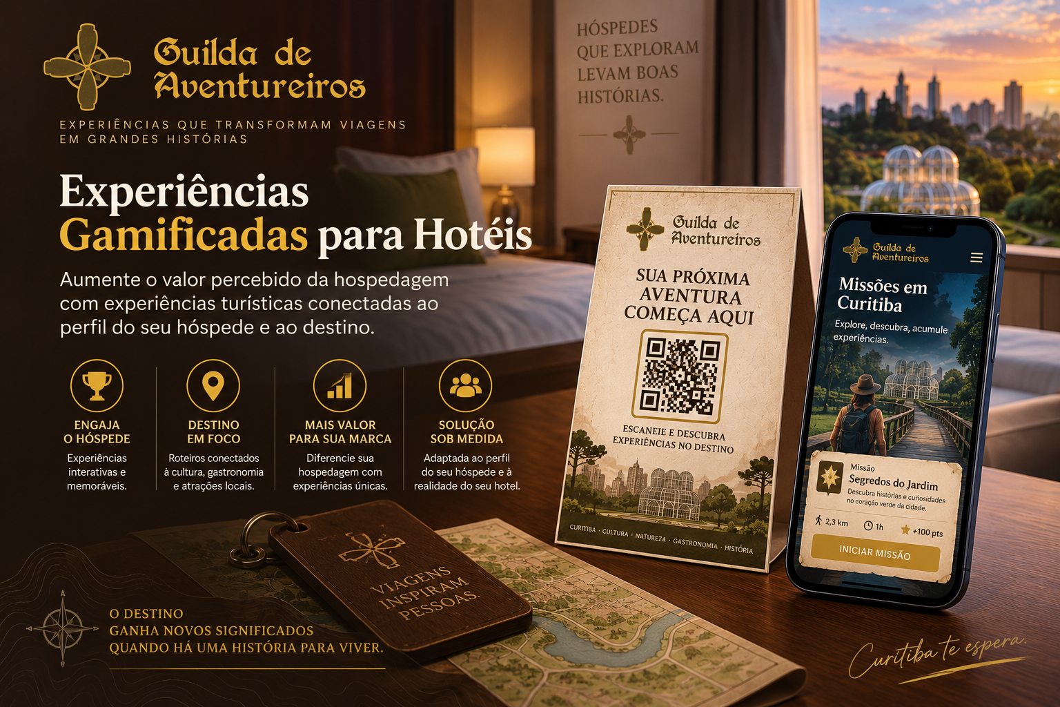 Apresentação das experiências turísticas gamificadas para hotéis, com QR code e um celular exibindo missões em Curitiba.