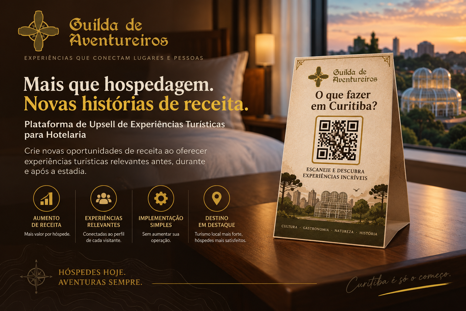 Apresentação da plataforma de upsell de experiências turísticas para hotelaria, com QR code para experiências em Curitiba.